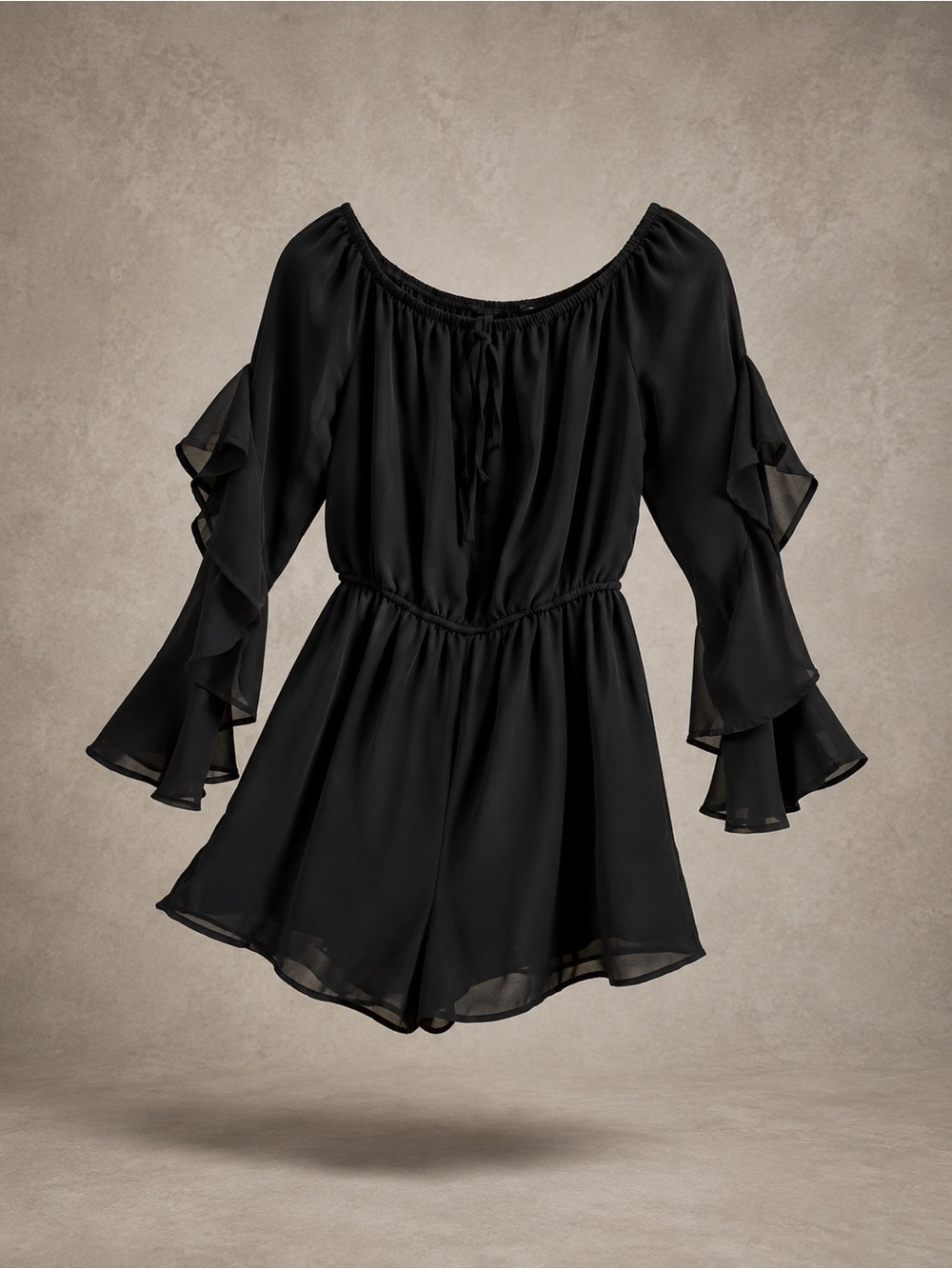 Off-Shoulder Black Ruffle-Sleeve Dress